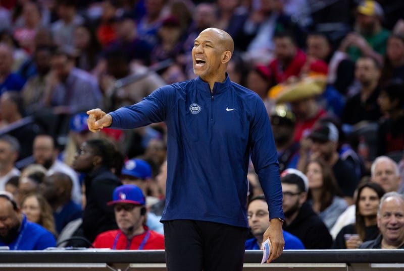 Apr 9, 2024; Philadelphia, Pennsylvania, USA; Detroit Pistons head coach Monty Williams reacts during the third quarter of a game against the Philadelphia 76ers at Wells Fargo Center. Mandatory Credit: Bill Streicher-USA TODAY Sports