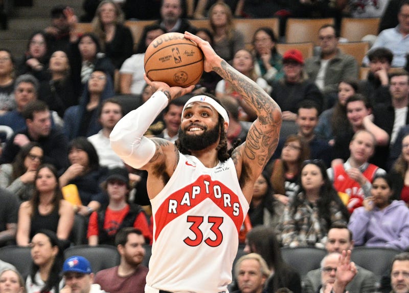 Apr 9, 2024; Toronto, Ontario, CAN; Toronto Raptors guard Gary Trent Jr. (33) shoots the ball against the Indiana Pacers in the first half at Scotiabank Arena. Mandatory Credit: Dan Hamilton-USA TODAY Sports