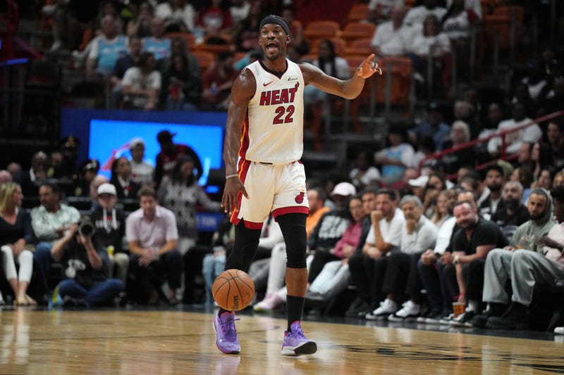 Miami Heat forward Jimmy Butler calls out a play against the Toronto Raptors