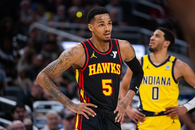 Apr 14, 2024; Indianapolis, Indiana, USA; Atlanta Hawks guard Dejounte Murray (5) in the first half against the Indiana Pacers at Gainbridge Fieldhouse. Mandatory Credit: Trevor Ruszkowski-USA TODAY Sports