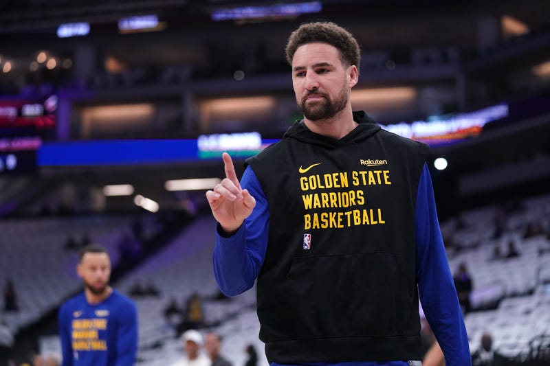 Apr 16, 2024; Sacramento, California, USA; Golden State Warriors guard Klay Thompson (11) warms up before a play-in game against the Sacramento Kings in the 2024 NBA playoffs at the Golden 1 Center.