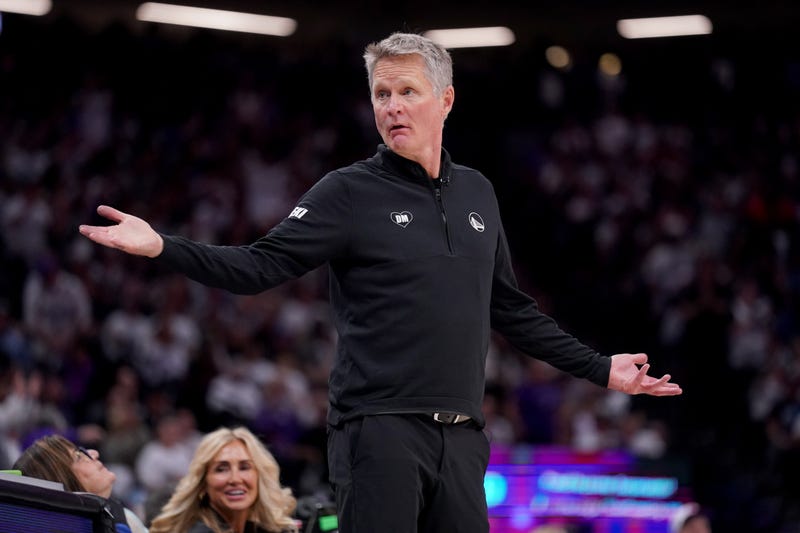 Apr 16, 2024; Sacramento, California, USA; Golden State Warriors head coach Steve Kerr looks towards the team bench after a foul call during action against the Sacramento Kings in the fourth quarter during a play-in game of the 2024 NBA playoffs at the Golden 1 Center. 