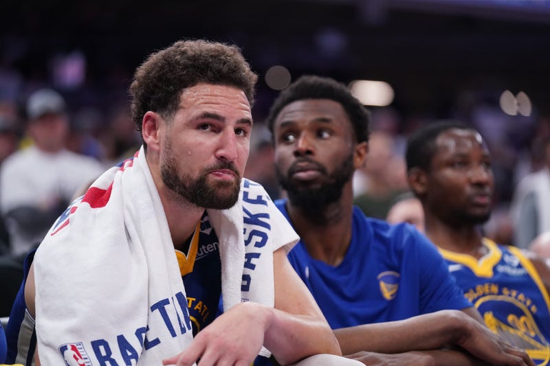 Apr 16, 2024; Sacramento, California, USA; Golden State Warriors guard Klay Thompson (11) sits on the bench during action against the Sacramento Kings in the fourth quarter during a play-in game of the 2024 NBA playoffs at the Golden 1 Center.