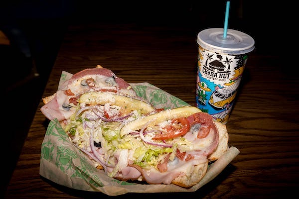 The La Canna smoked ham, genoa salami and prosciutto sandwich is prepared and served with a drink at Cheba Hut on their VIP day on Wednesday, April. 17, 2024. The second location set to open on April 19 is at 730 Sunland Park Dr, in West El Paso, TX