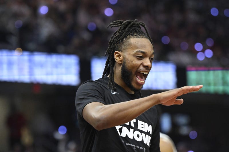 Cleveland Cavaliers guard Darius Garland (10) celebrates in the second quarter against the Orlando Magic during game two of the first round of the 2024 NBA playoffs at Rocket Mortgage FieldHouse.