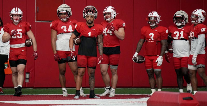 Chez Mellusi (1) is shown with his unit during spring football practice Thursday, April 25, 2024 in Madison, Wisconsin. The Wisconsin Badgers football team plays their season opener against Western Michigan on August 31.