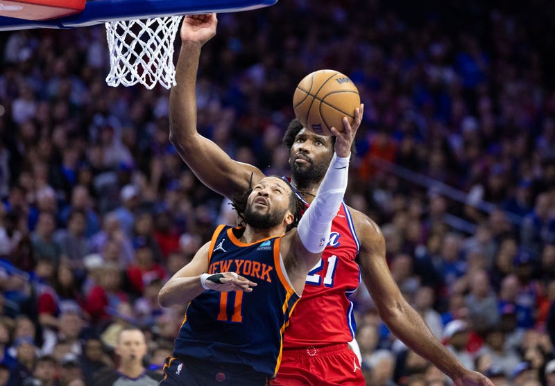 New York Knicks guard Jalen Brunson drives against Philadelphia 76ers center Joel Embiid during the second half of Game Four of the first round in the 2024 NBA playoffs at Wells Fargo Center.