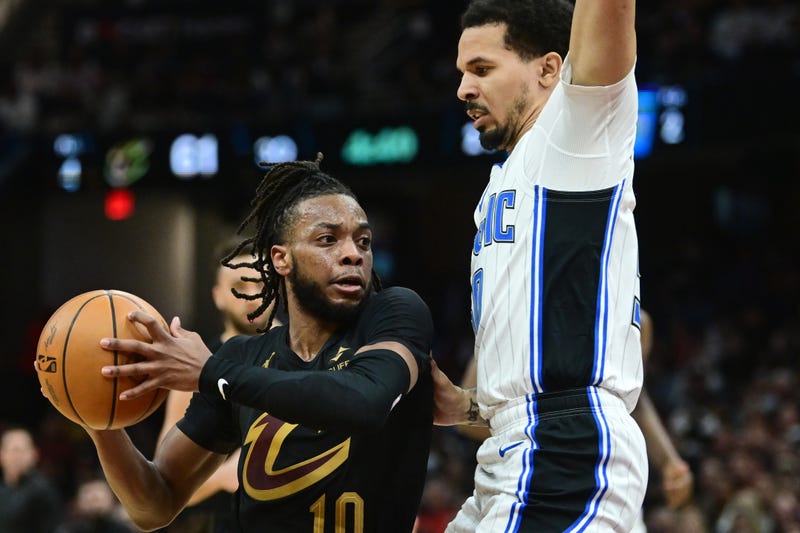 Cleveland Cavaliers guard Darius Garland (10) drives to the basket against Orlando Magic guard Cole Anthony (50) during the first round for the 2024 NBA playoffs at Rocket Mortgage FieldHouse.