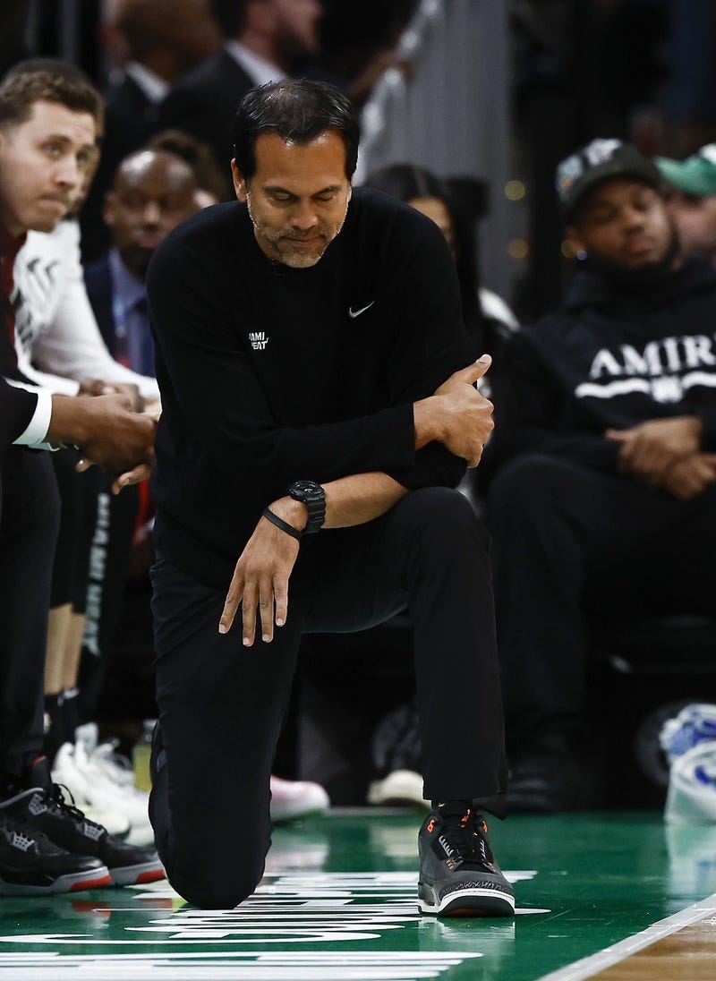 Miami Heat head coach Erik Spoelstra hangs his head during the fourth quarter of their 118-84 loss to the Boston Celtics in game five of the first round of the 2024 NBA playoffs at TD Garden