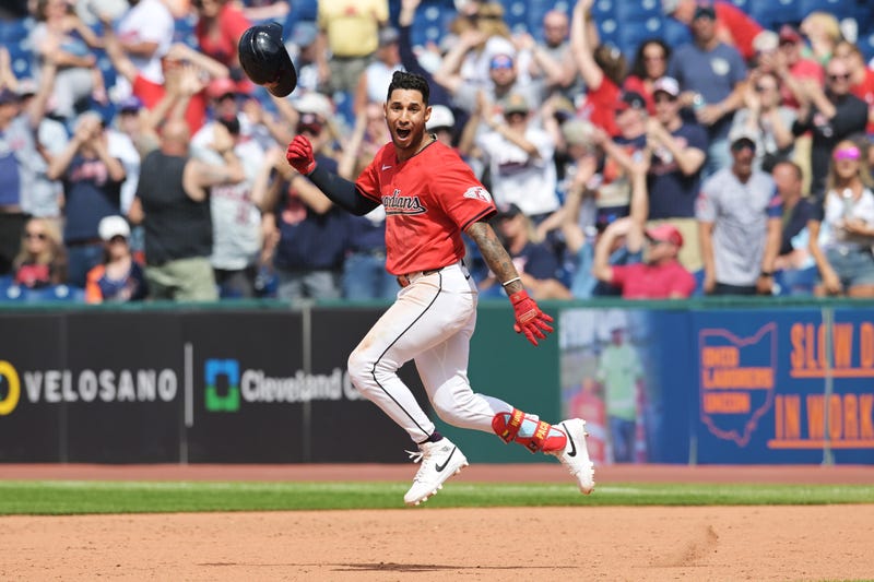 Cleveland Guardians shortstop Brayan Rocchio (4) celebrates after hitting a game winning RBI single during the tenth inning Detroit Tigers at Progressive Field.