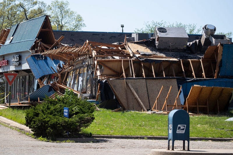 Tornado damage at a strip mall in Portage on Wednesday, May 8, 2024