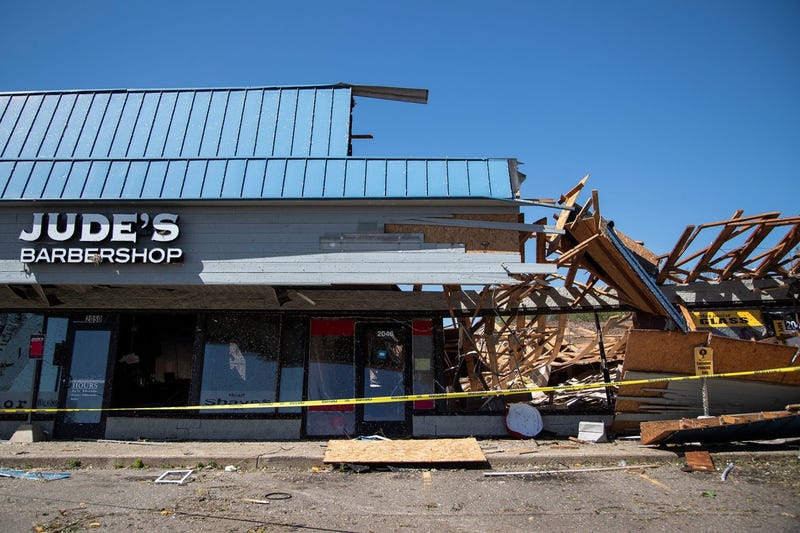 Tornado damage at a strip mall in Portage on Wednesday, May 8, 2024.