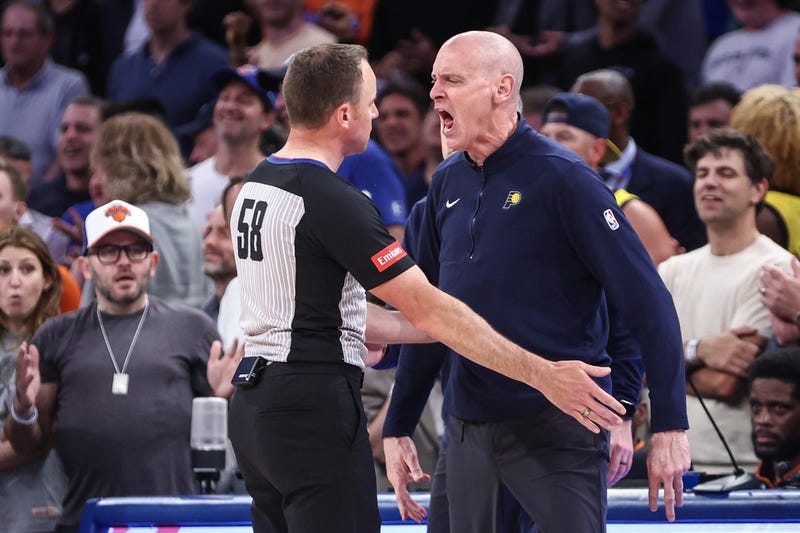 Pacers head coach Rick Carlisle argues with an official in the fourth quarter against the New York Knicks during game two of the second round for the 2024 NBA playoffs