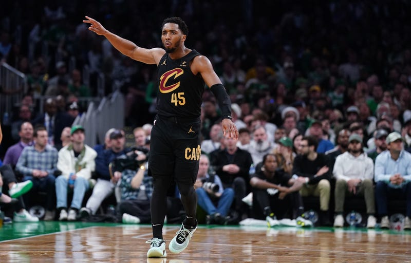 Cleveland Cavaliers guard Donovan Mitchell (45) reacts after his three point basket against the Boston Celtics in the second half during game two of the second round for the 2024 NBA playoffs at TD Garden