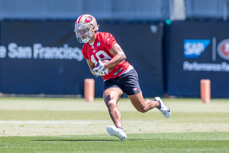 San Francisco 49ers running back Isaac Guerendo (49) runs drills during the 49ers rookie minicamp at Levi’s Stadium in Santa Clara, CA.