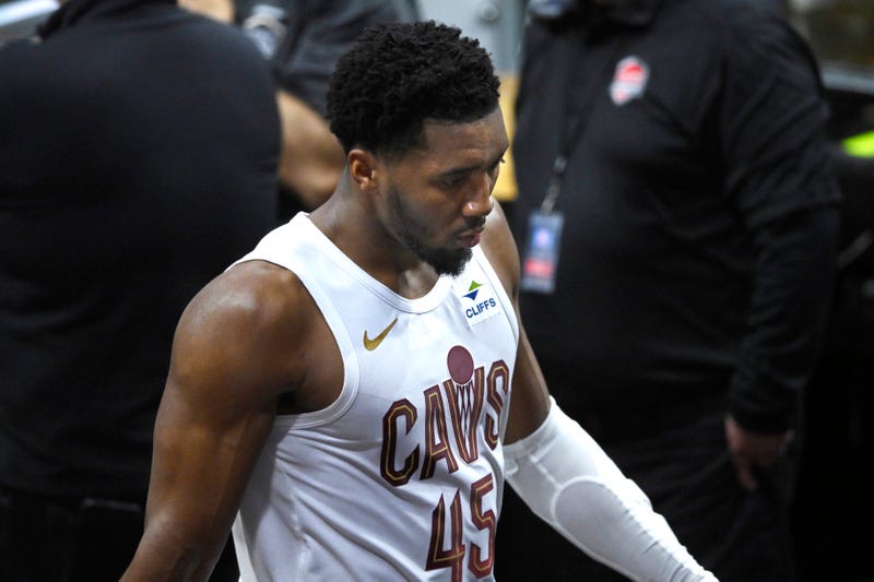 Cleveland Cavaliers guard Donovan Mitchell (45) walks to the locker room late in the fourth quarter against the Boston Celtics in game three of the second round of the 2024 NBA playoffs at Rocket Mortgage FieldHouse. 