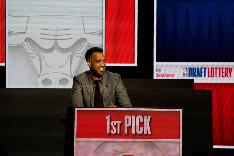 Atlanta Hawks general manager Landry Fields reacts after getting the number one pick in the 2024 NBA Draft Lottery at McCormick Place West.