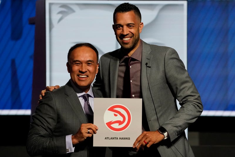 May 12, 2024; Chicago, IL, USA; Atlanta Hawks general manager Landry Fields (right) and Mark Tatum Deputy commissioner of the NBA after the Hawks get the number one pick in the 2024 NBA Draft Lottery at McCormick Place West. Mandatory Credit: David Banks-USA TODAY Sports
