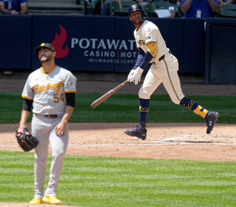 Jackson Chourio (11) hits a two-run home run off of Pittsburgh Pirates pitcher Martín Pérez (54) during the sixth inning of their game