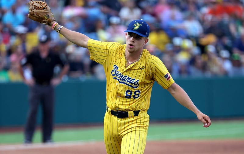 Savannah's Noah Niznik celebrates an out during a baseball game between Savannah Bananas and the Party Animals at Chickasaw Bricktown Ballpark in Oklahoma City,