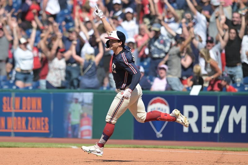 Cleveland Guardians left fielder Will Brennan (17) celebrates after hitting a walk off three run home run during the ninth inning against the Minnesota Twins at Progressive Field.