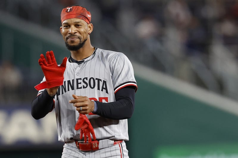 Twins outfielder Byron Buxton (25) in the ninth inning at Nationals Park waves goodbye to the team's losing streak.