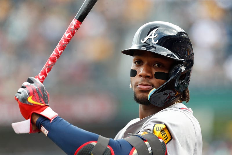 Pittsburgh, Pennsylvania, USA; Atlanta Braves right fielder Ronald Acuña Jr. (13) prepares in the on-deck circle against the Pittsburgh Pirates during the first inning at PNC Park. 