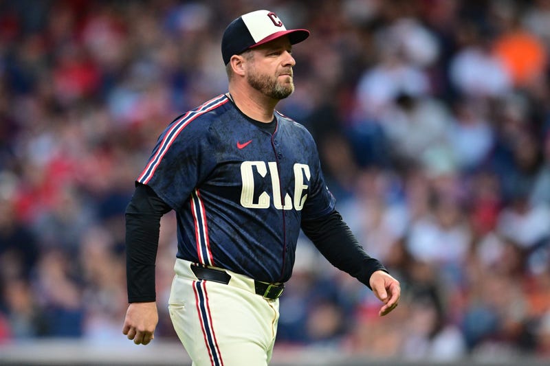 May 31, 2024; Cleveland, Ohio, USA; Cleveland Guardians manager Stephen Vogt (12) walks back to the dugout after relieving starting pitcher Tanner Bibee (not pictured) during the seventh inning against the Washington Nationals at Progressive Field.