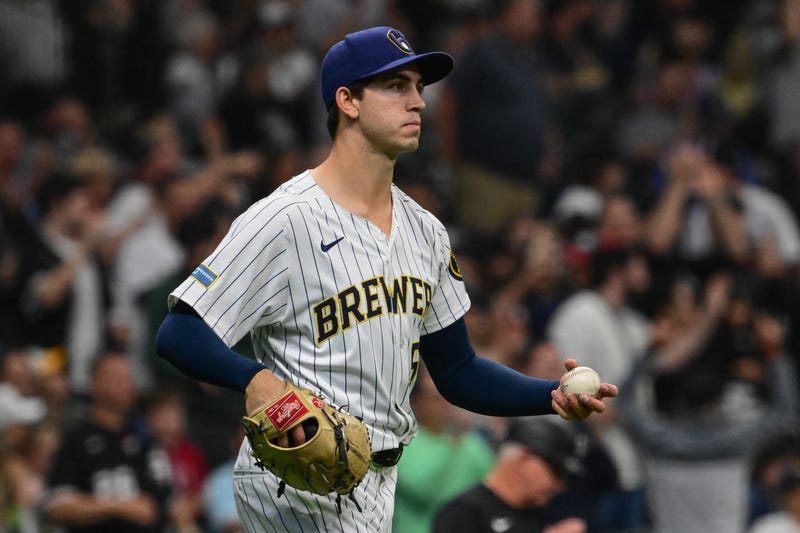 Jun 1, 2024; Milwaukee, Wisconsin, USA; Milwaukee Brewers starting pitcher Robert Gasser (54) reacts after giving up a two run home run to Chicago White Sox first baseman Gavin Sheets (not pictured) in the fourth inning at American Family Field. Mandatory Credit: Benny Sieu-USA TODAY Sports