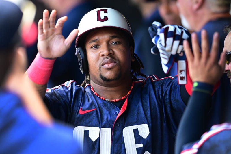 Jun 6, 2024; Cleveland, Ohio, USA; Cleveland Guardians third baseman Jose Ramirez (11) celebrates after hitting a home run during the third inning against the Kansas City Royals at Progressive Field.