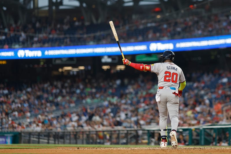 Jun 6, 2024; Washington, District of Columbia, USA; Atlanta Braves designated hitter Marcell Ozuna (20) watches his two run home run against the Washington Nationals during the eighth inning at Nationals Park. Mandatory Credit: Geoff Burke-USA TODAY Sports