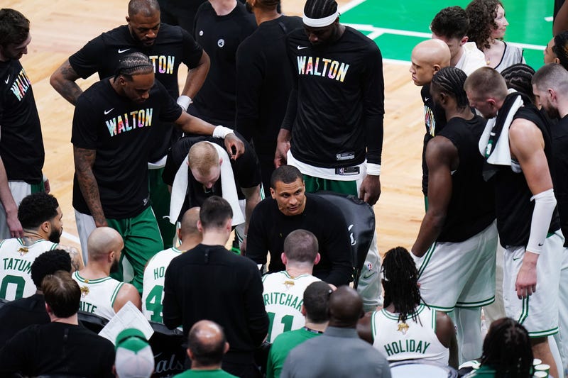 Boston Celtics head coach Joe Mazzulla talks during a timeout in the fourth quarter against the Dallas Mavericks during game one of the 2024 NBA Finals at TD Garden