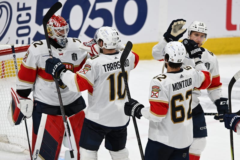 Florida Panthers right wing Vladimir Tarasenko (10) celebrates with Florida Panthers goaltender Sergei Bobrovsky (72) after defatting Edmonton Oilers in game three of the 2024 Stanley Cup Final at Rogers Place
