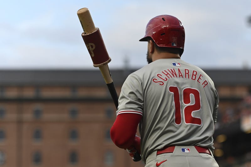 Phillies designated hitter Kyle Schwarber stands on the field before a first inning at-bat against the Baltimore Orioles at Oriole Park at Camden Yards.