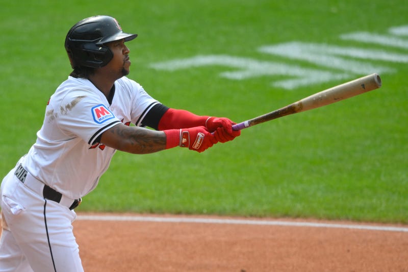 Cleveland Guardians third baseman Jose Ramirez (11) watches his two-run home run in the third inning against the Toronto Blue Jays at Progressive Field.