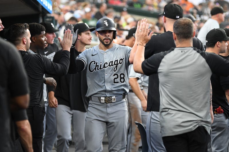 Jun 21, 2024; Detroit, Michigan, USA; Chicago White Sox left fielder Tommy Pham (28) celebrates in the dugout after hitting a solo home run against the Detroit Tigers during the fifth inning at Comerica Park. Mandatory Credit: Lon Horwedel-USA TODAY Sports