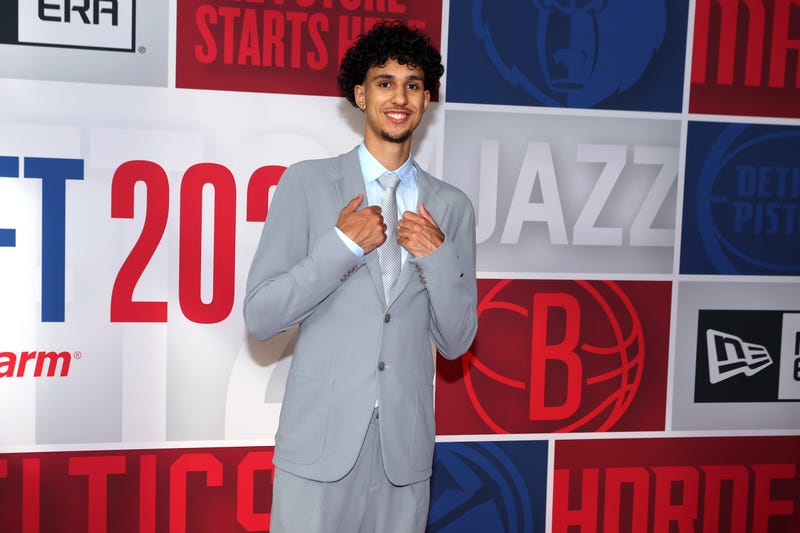 Zaccharie Risacher arrives before the first round of the 2024 NBA Draft at Barclays Center.