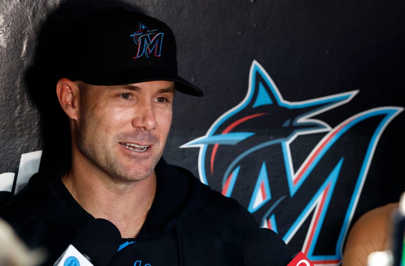Miami Marlins manager Skip Schumaker (45) speaks with the media before the game against the Boston Red Sox at loanDepot Park.