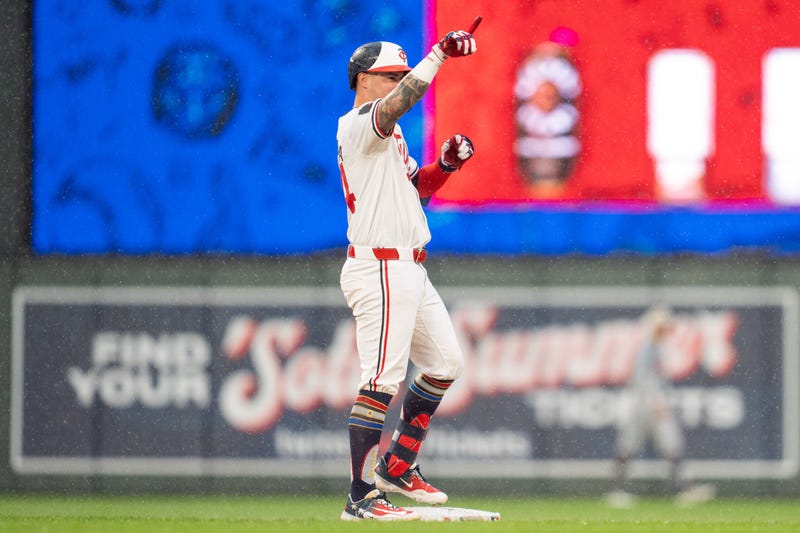 Minnesota Twins third baseman Jose Miranda (64) reacts after hitting a double in the seventh inning against Detroit Tigers at Target Field.
