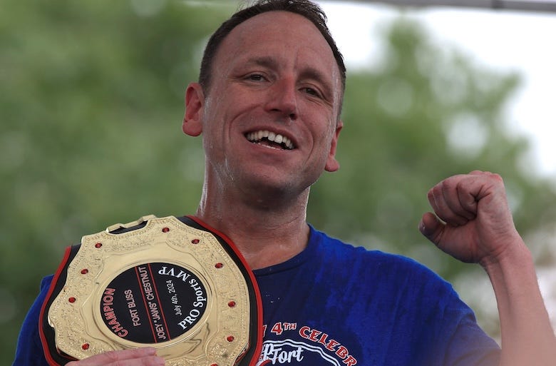 Competitive eater Joey “Jaws” Chestnut ate 57 hot dogs in five minutes at Fort Bliss’ “Pop Goes the Fort” Fourth of July celebration, beating his four competitors together at 49 hot dogs July 4, 2024