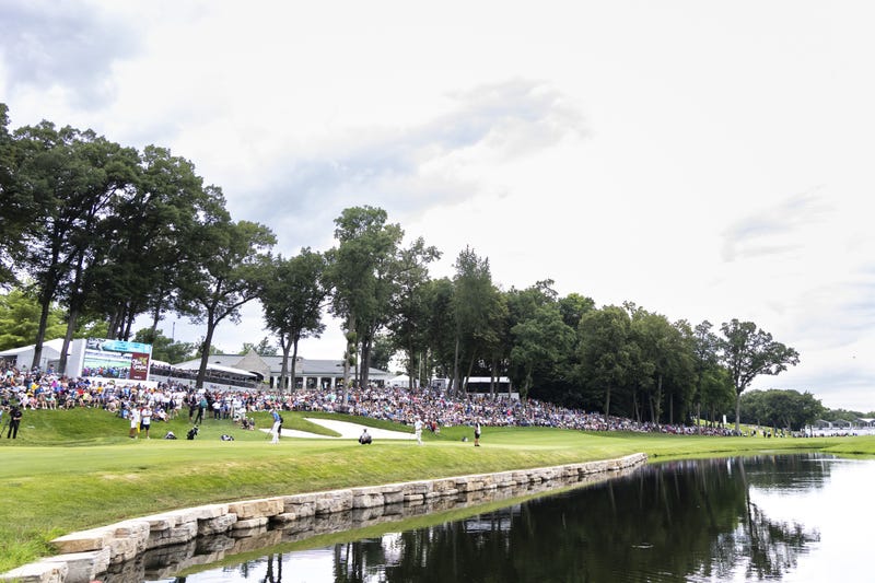 Jul 7, 2024; Silvis, Illinois, USA; A general view on the 18th hole as Davis Thompson prepares to putt during the final round of the John Deere Classic golf tournament at TPC Deere Run. Mandatory Credit: Joseph Cress-Imagn Images