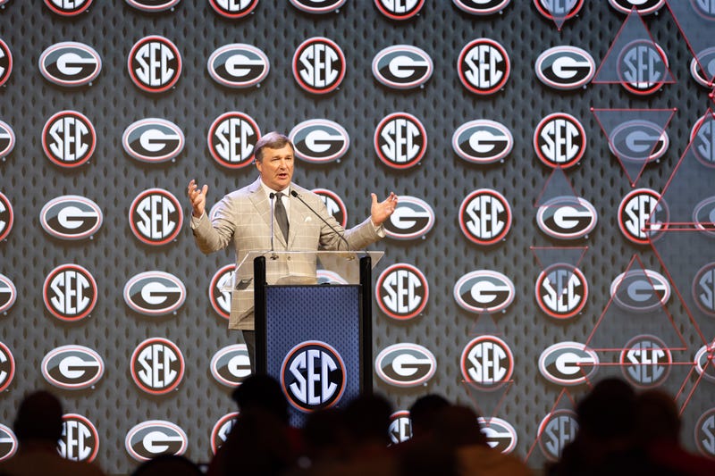 Georgia head coach Kirby Smart speaking at Omni Dallas Hotel.