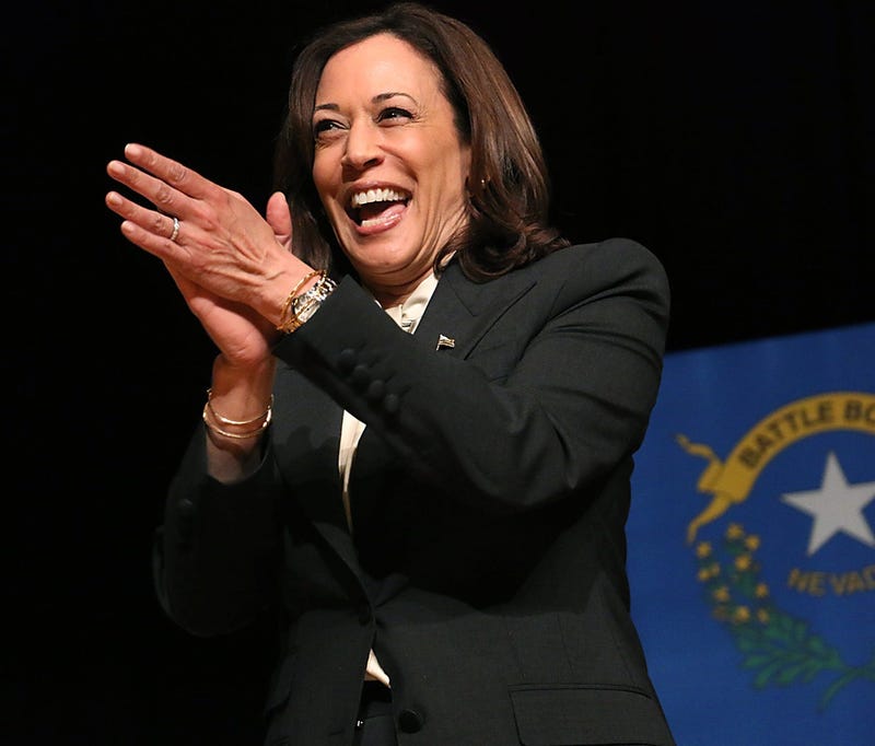 Vice President Kamala Harris greets the audience gathered to hear her speak about abortion and reproductive rights on the campus of the University of Nevada, Reno on April 18, 2023.