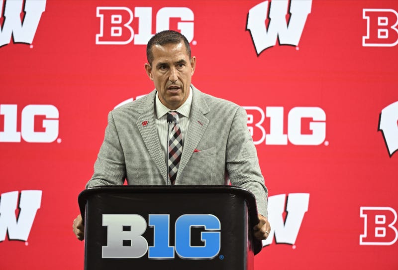 Jul 23, 2024; Indianapolis, IN, USA; Wisconsin Badgers head coach Luke Fickell speaks to the media during the Big 10 football media day at Lucas Oil Stadium. Mandatory Credit: Robert Goddin-USA TODAY Sports