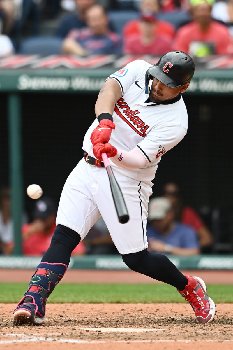 Jul 25, 2024; Cleveland, Ohio, USA; Cleveland Guardians first baseman Josh Naylor (22) hits a double during the seventh inning against the Detroit Tigers at Progressive Field.