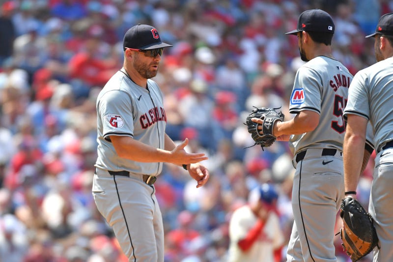  Cleveland Guardians manager Stephen Vogt (12) makes a pitching change against the Philadelphia Phillies during the sixth inning at Citizens Bank Park. 