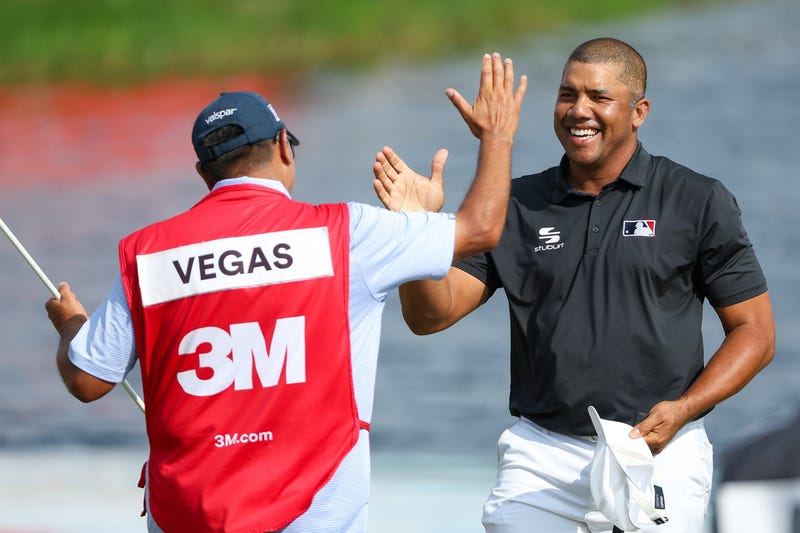 Jhonattan Vegas celebrates after winning the 2024 3M Open golf tournament in Blaine, Minnesota. This year's tournament gets underway Thursday morning.