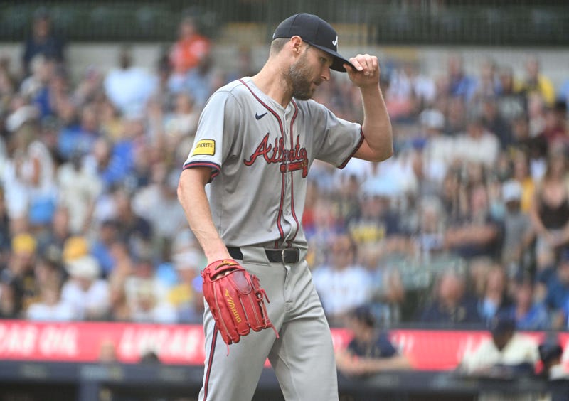 Jul 31, 2024; Milwaukee, Wisconsin, USA; Atlanta Braves pitcher Chris Sale (51) walks off the field after the fourth inning against the Milwaukee Brewers at American Family Field. Mandatory Credit: Michael McLoone-Imagn Images