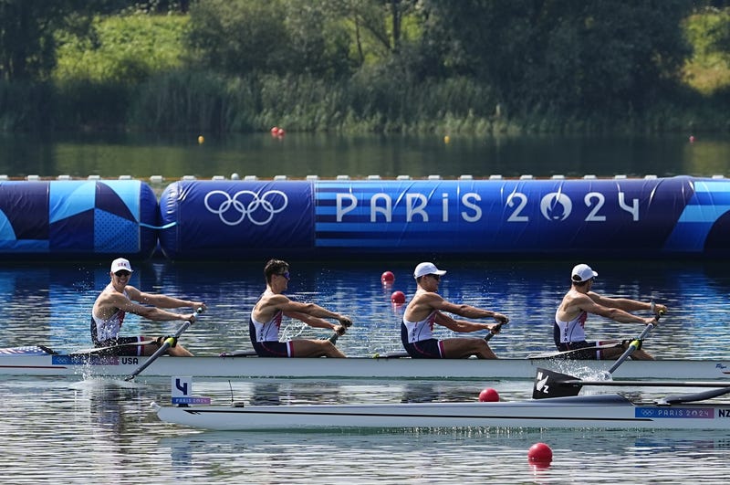 Americans Nick Mead, Justin Best, Michael Grady and Liam Corrigan compete in the 2024 Olympic Summer Games at Vaires-sur-Marne Nautical Stadium in France.