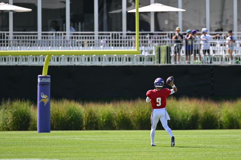 Minnesota Vikings quarterback J.J. McCarthy (9) warms up during practice at Vikings training camp in Eagan, MN.